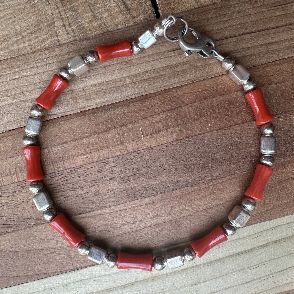 Artisan Beaded Bracelet 8 Inch Coral Hourglass Geometric Beads 925 Sterling 7.0g